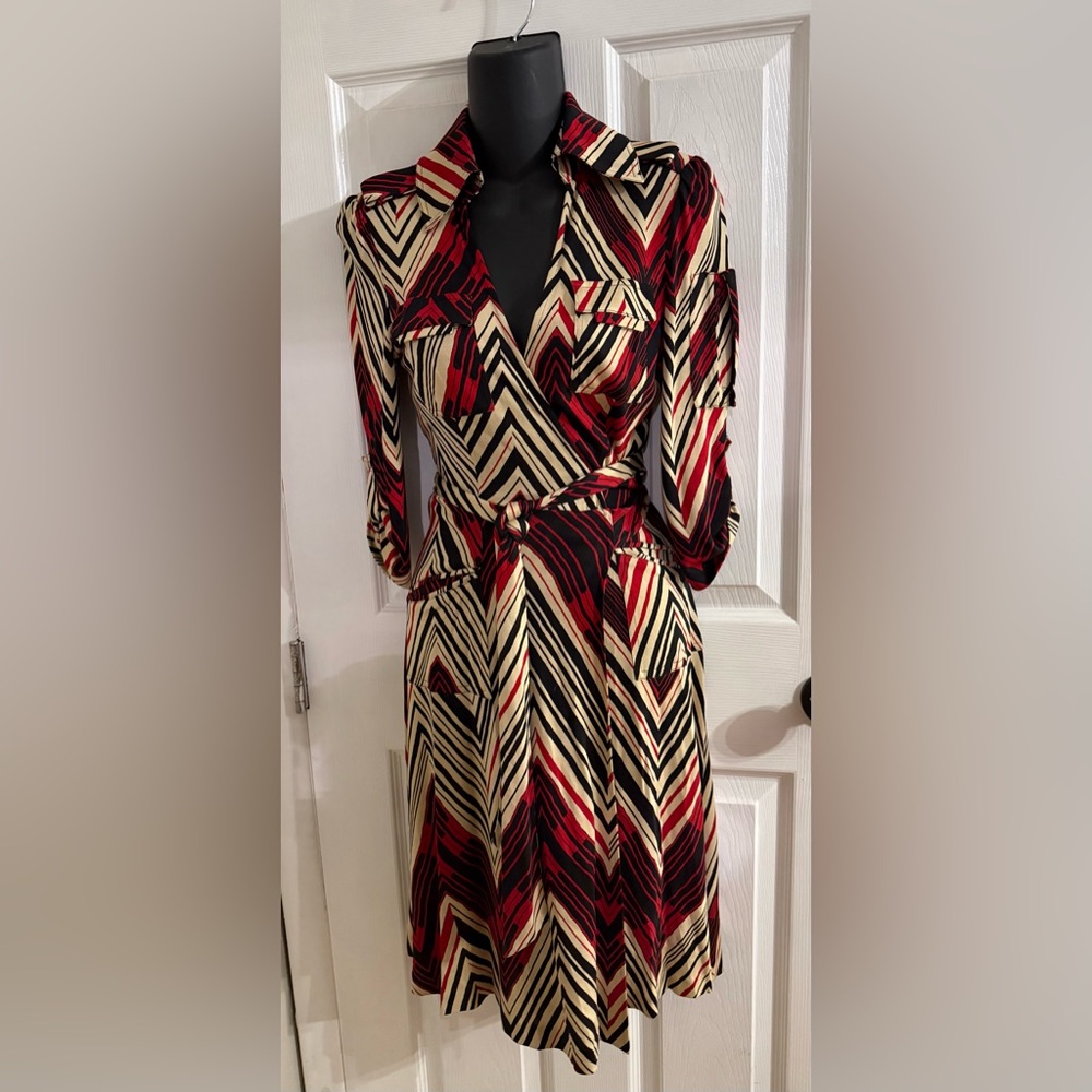 Diane Von Furstenberg Red and Black Chevron Utility Wrap Dress DVF classic
